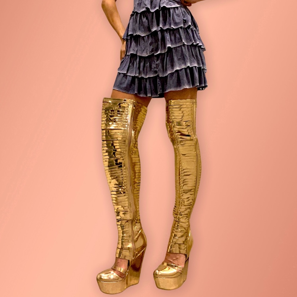 Thigh high platform rose gold wedges
